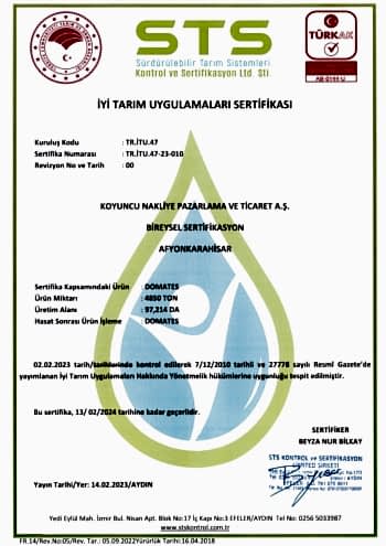STS İyi Tarım Uygulamaları Sertifikası Koyuncu Seracılık